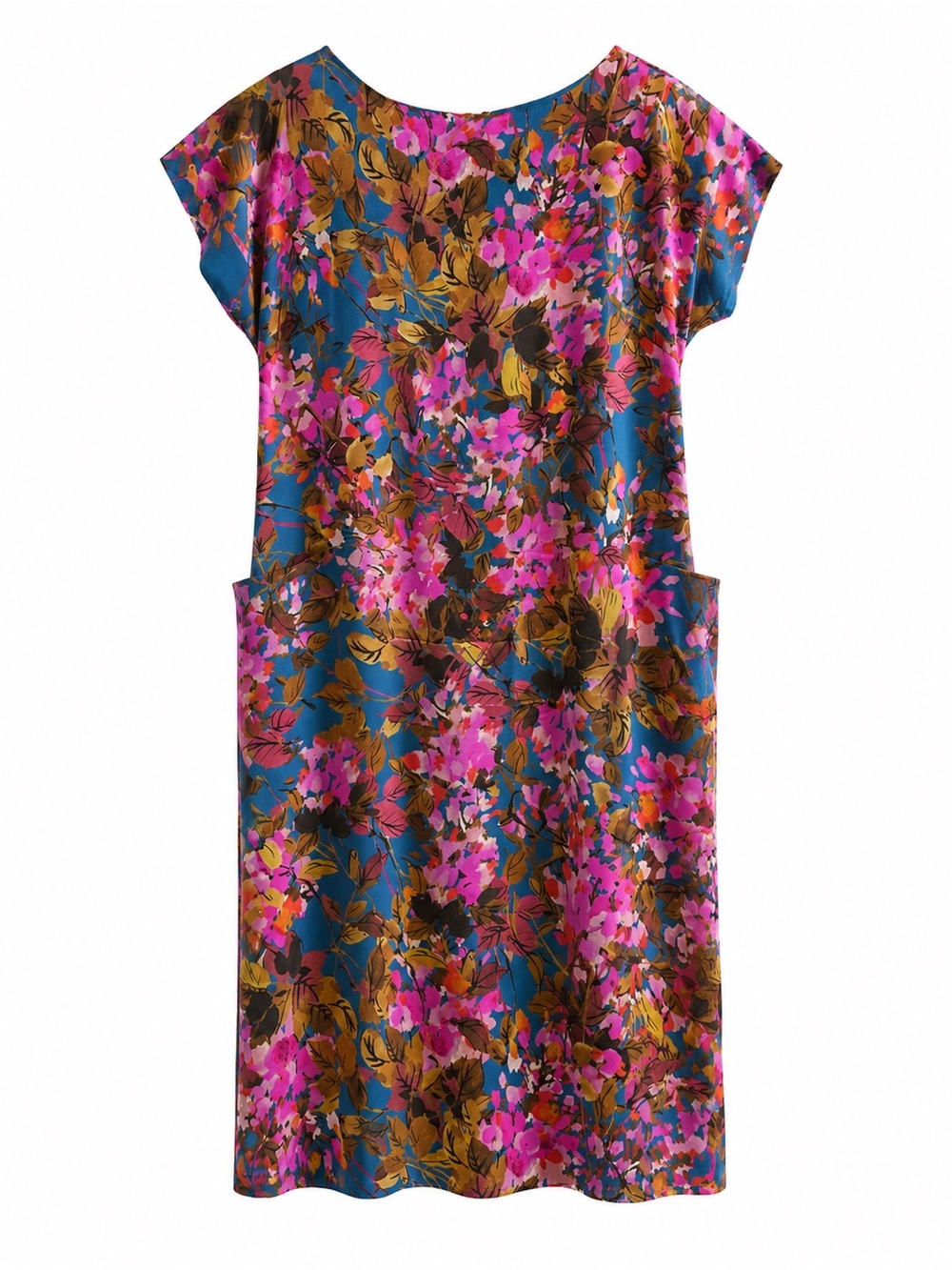 St. John Teal Floral Shift Dress with Pink & Gold Accents